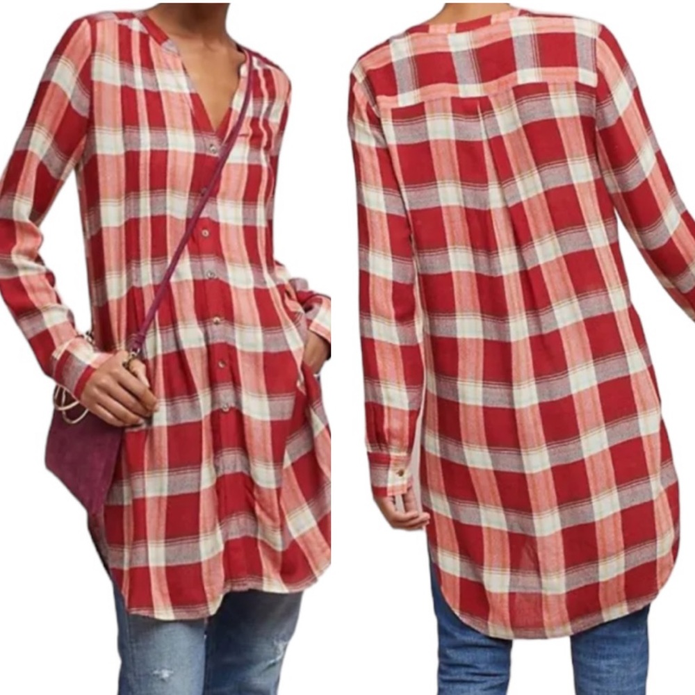 Anthropologie Akemi + Kin Red Plaid Plaid Tunic Top - L